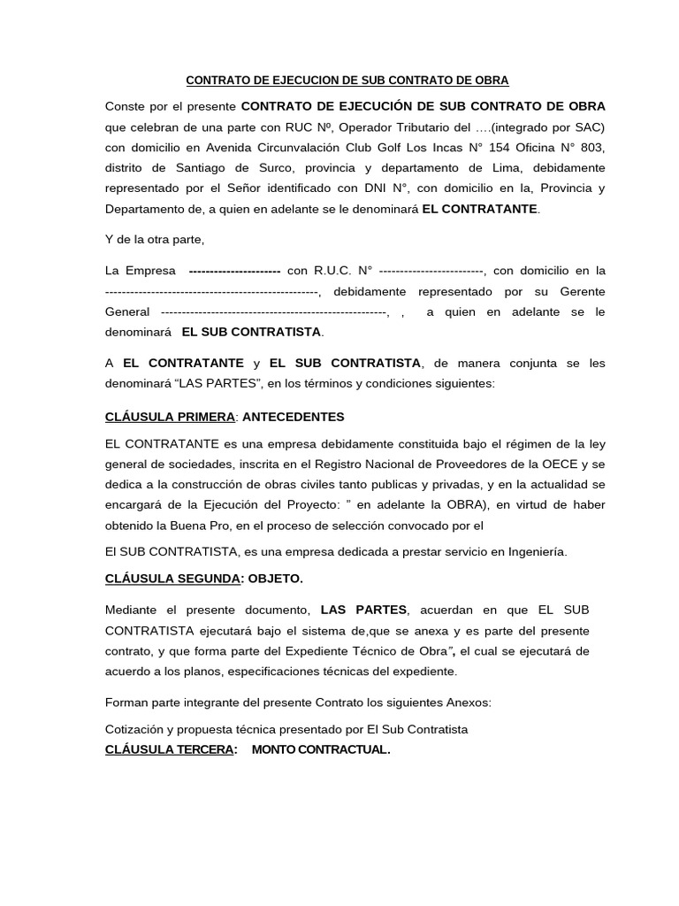 Contrato de Subcontratación de Obra | PDF