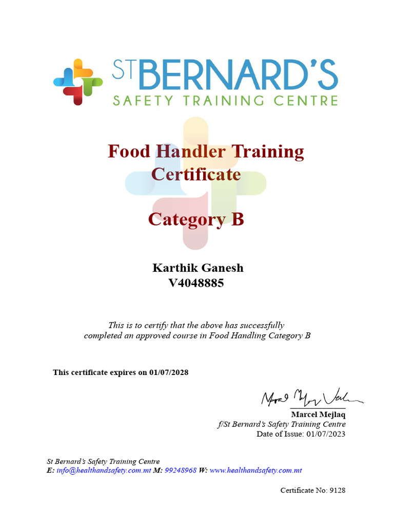 Food Handler Training Certificate B | PDF