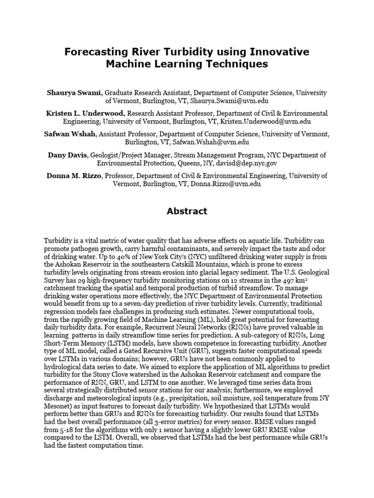 Machine Learning for River Turbidity Forecasting | PDF | Earth Sciences ...