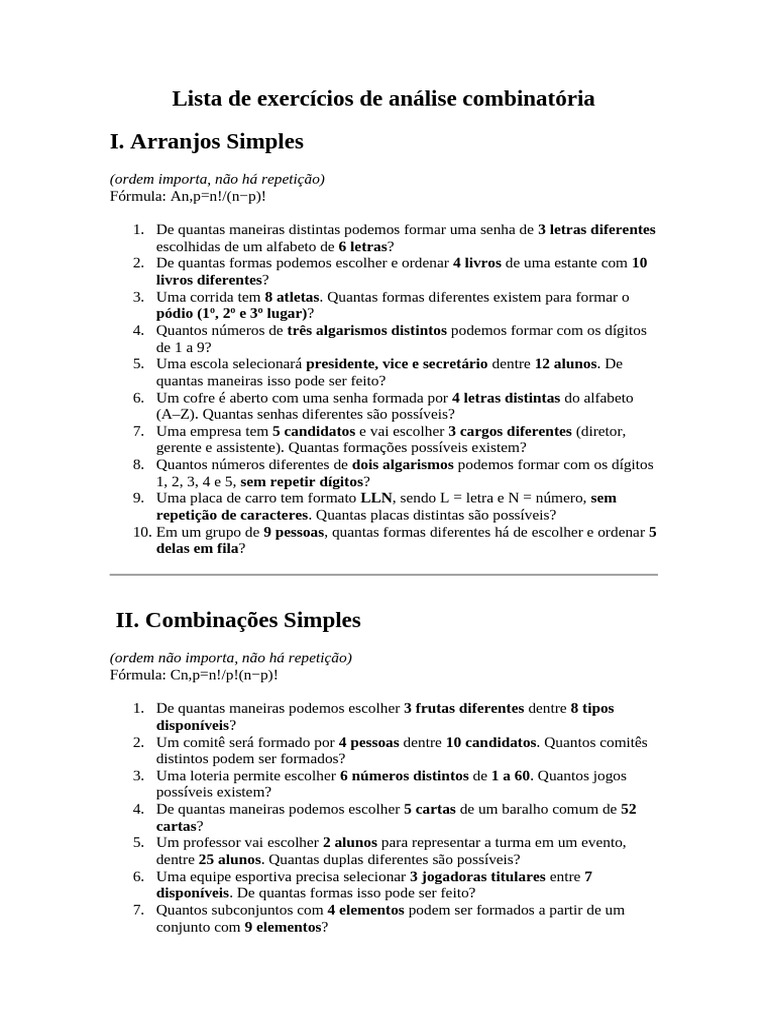 Lista de Exercícios de Análise Combinatória | PDF | Combinatória