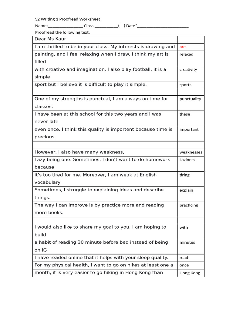 S2 Writing Proofreading Worksheet | PDF