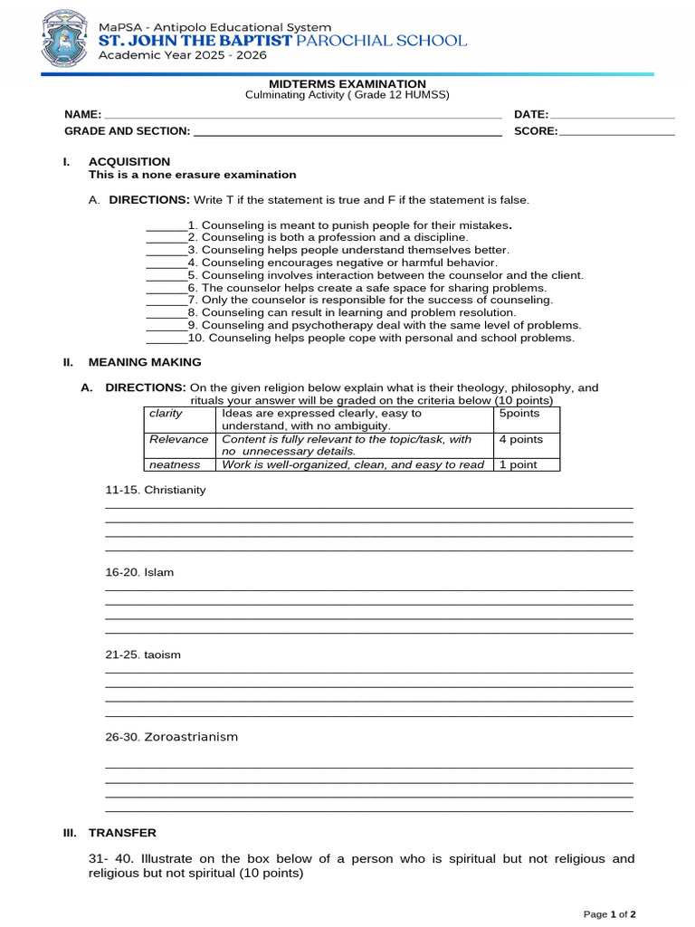 Grade 12 HUMSS Midterm Exam Guide | PDF | Spirituality