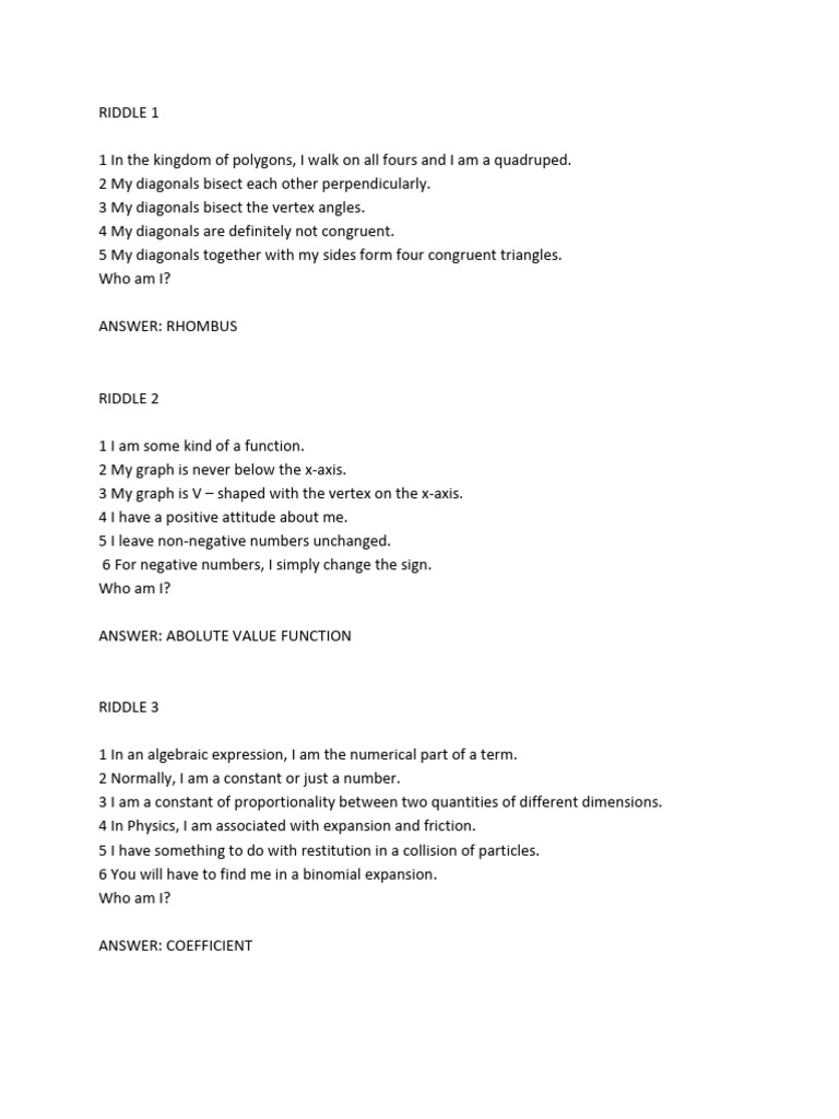 Math Riddles and Concepts Explained | PDF | Trigonometric Functions ...
