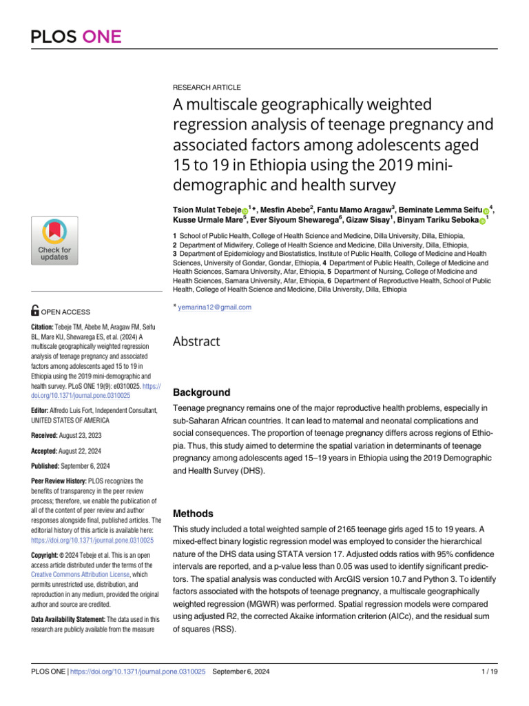Teenage Pregnancy Factors in Ethiopia Analysis | PDF | Multilevel Model ...