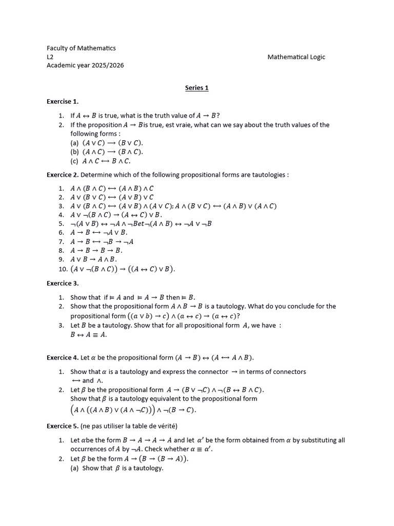 Mathematical Logic Exercises 2025/26 | PDF | If And Only If | Semantics