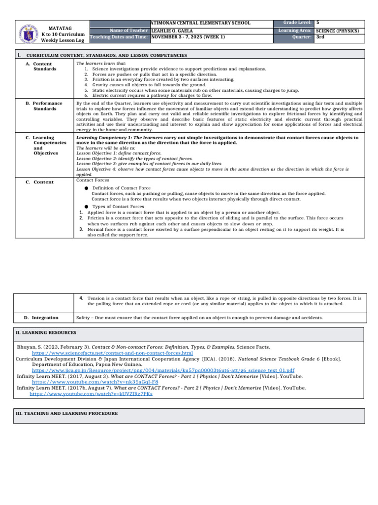 Grade 5 Science: Contact Forces Lesson Plan | PDF | Force | Friction