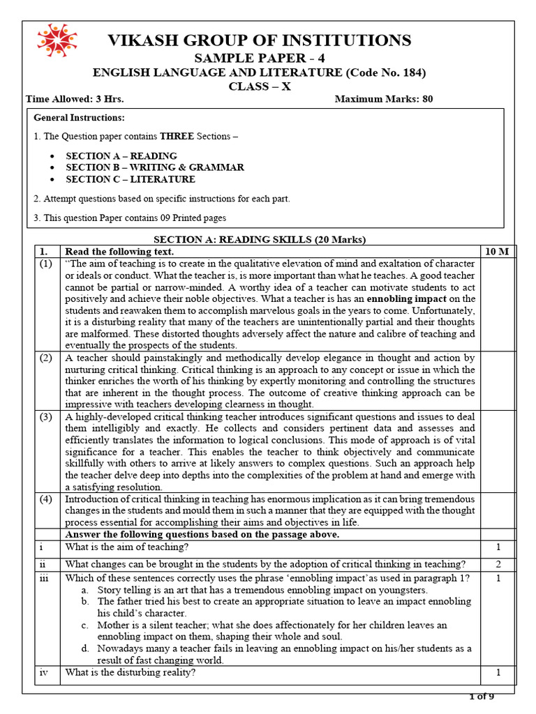 Class- X English Sample Paper - 4 | PDF | Wound | Monsoon