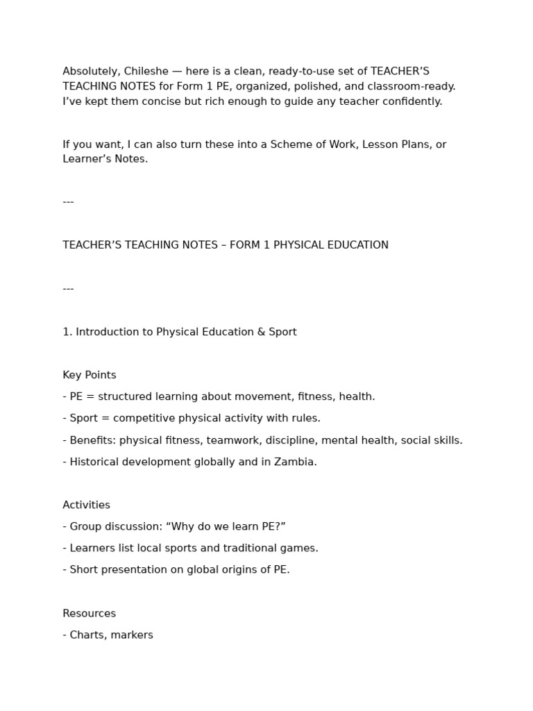 Teacher's Notes for Form 1 PE | PDF | Physical Education | Teachers