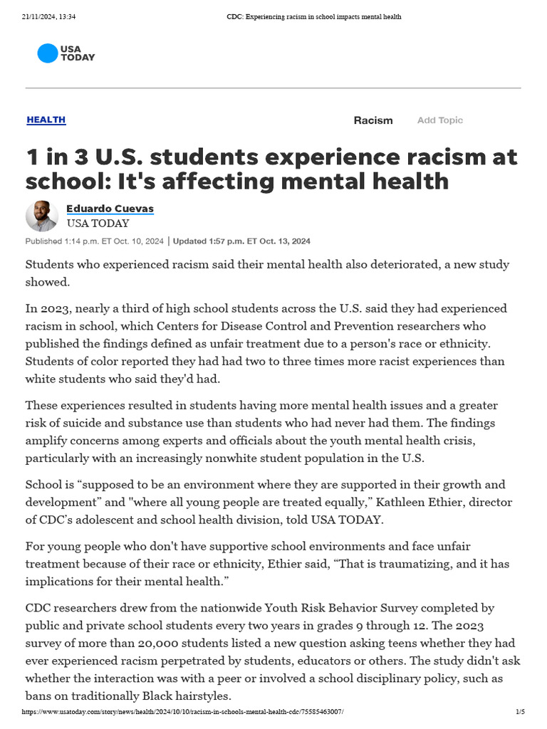 CDC_ Experiencing racism in school impacts mental health | PDF | Mental ...