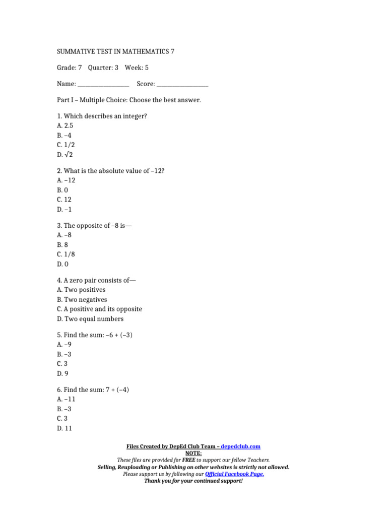 Math 7 Summative Test: Integers & Operations | PDF | Numbers | Summation