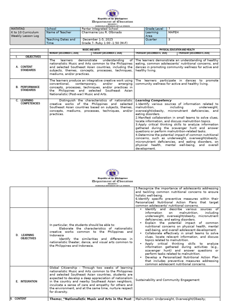 DLL Mapeh 7 Quarter 3 Week 4 | PDF | Malnutrition | Learning