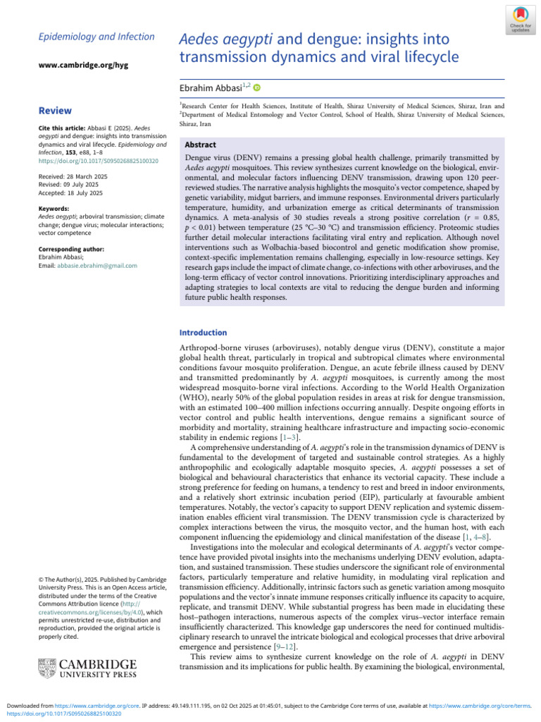Aedes Aegypti and Dengue Insights Into Transmission Dynamics and Viral ...