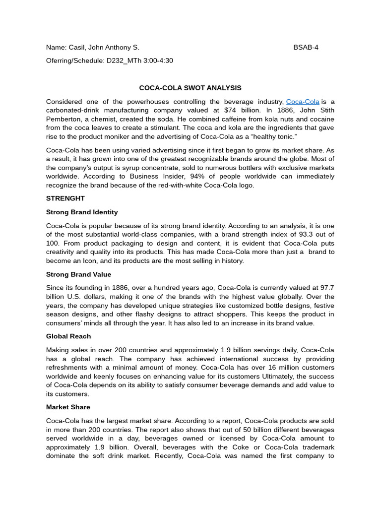 Coca-Cola SWOT Analysis Overview | PDF | Coca Cola | The Coca Cola Company