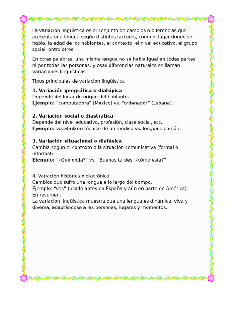 Tipos de variación lingüística explicados | PDF