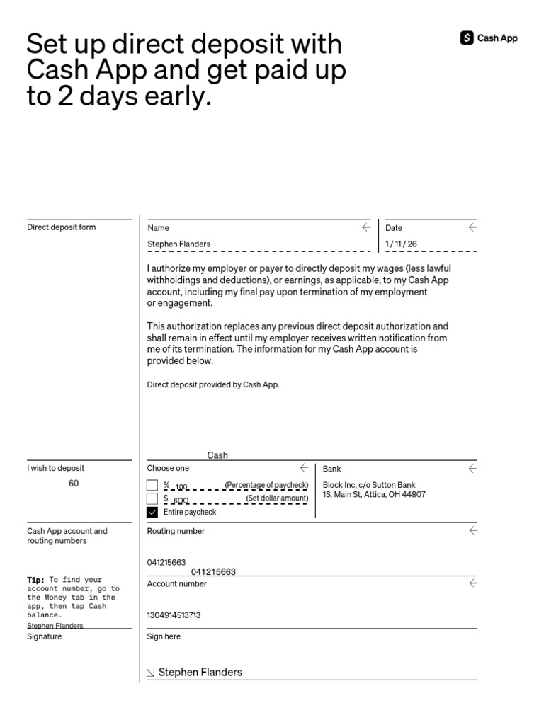 Cash App Direct Deposit Authorization Form | PDF