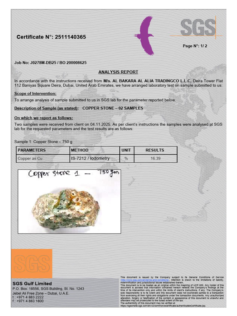 Copper Stone Analysis Report - SGS Dubai | PDF