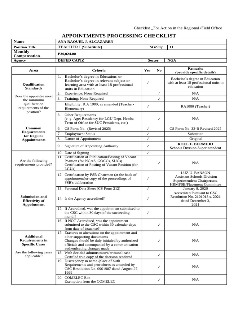 Teacher Appointment Processing Checklist | PDF