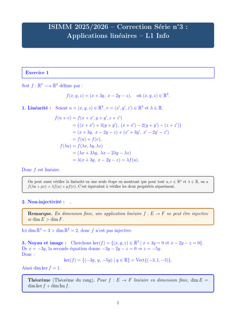 Correction série 3 : Applications linéaires | PDF | Application ...
