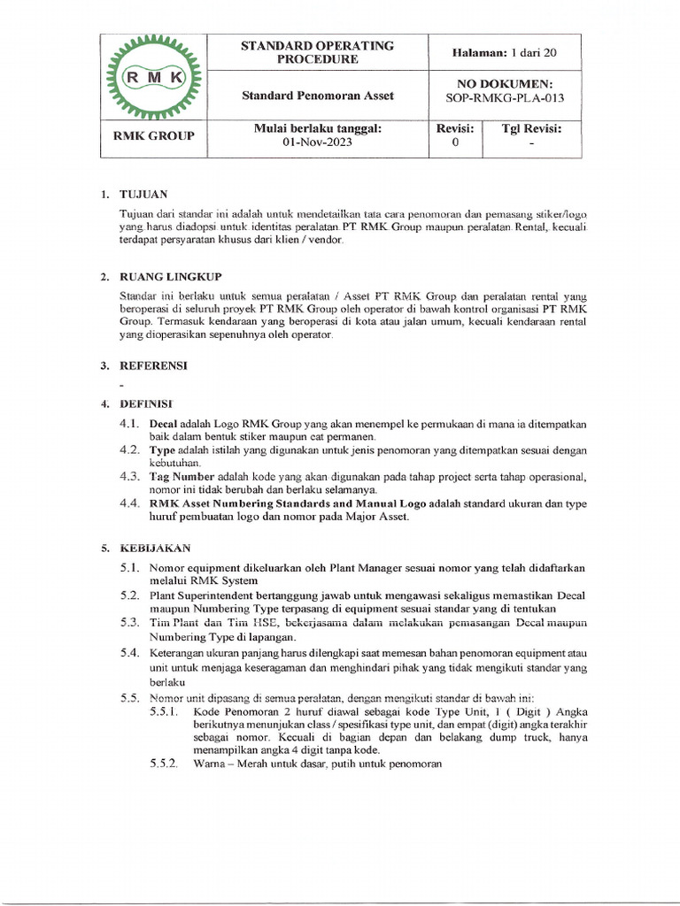 Sop RMKG Pla 013 Penomoran Asset | PDF
