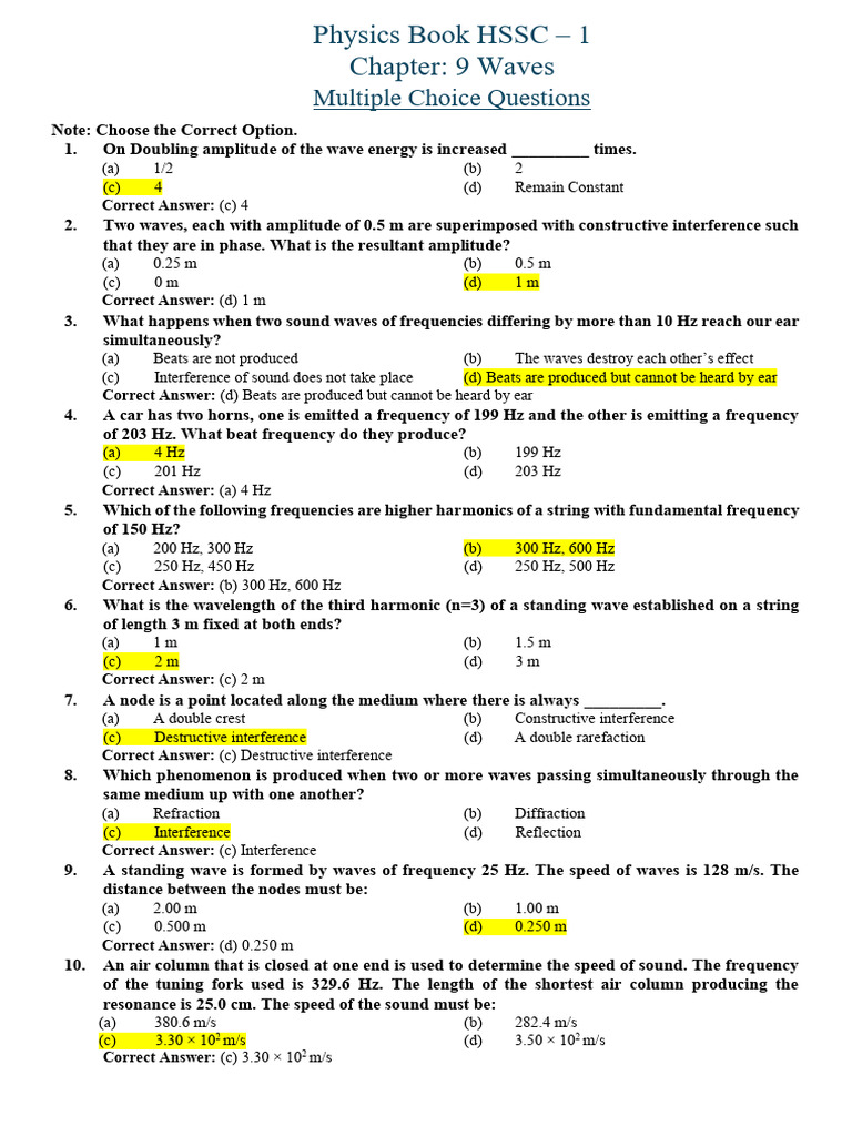 HSSC Physics Waves MCQs and Answers | PDF | Waves | Polarization (Waves)