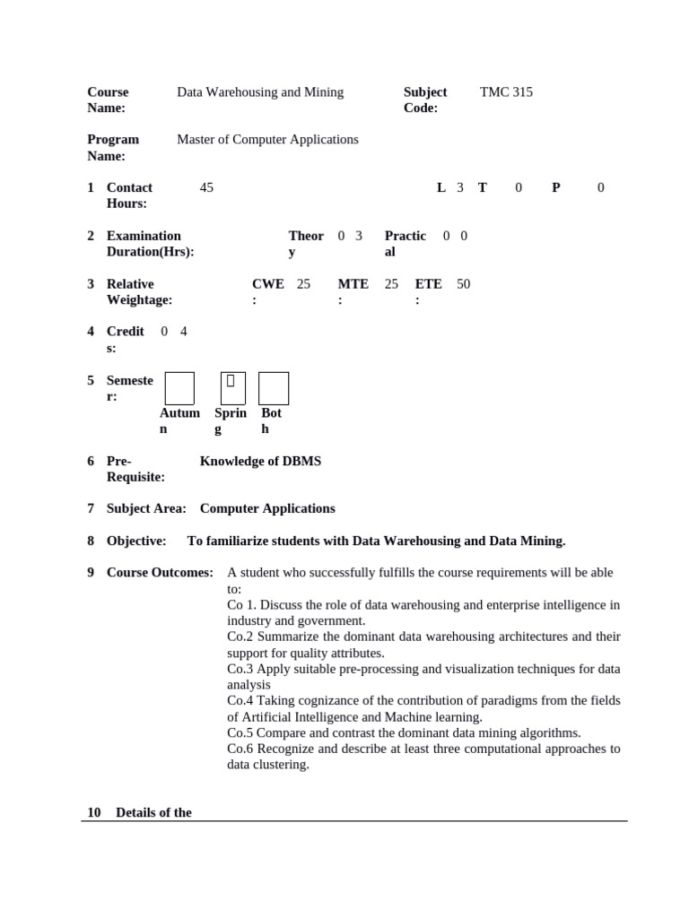 Data Warehousing and Mining Course Guide | PDF | Data Warehouse ...