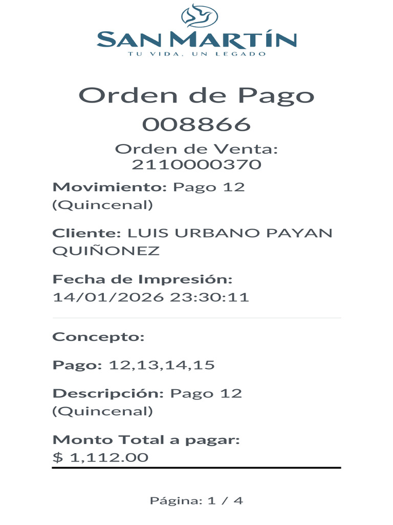 Orden de Pago Quincenal Detallada | PDF