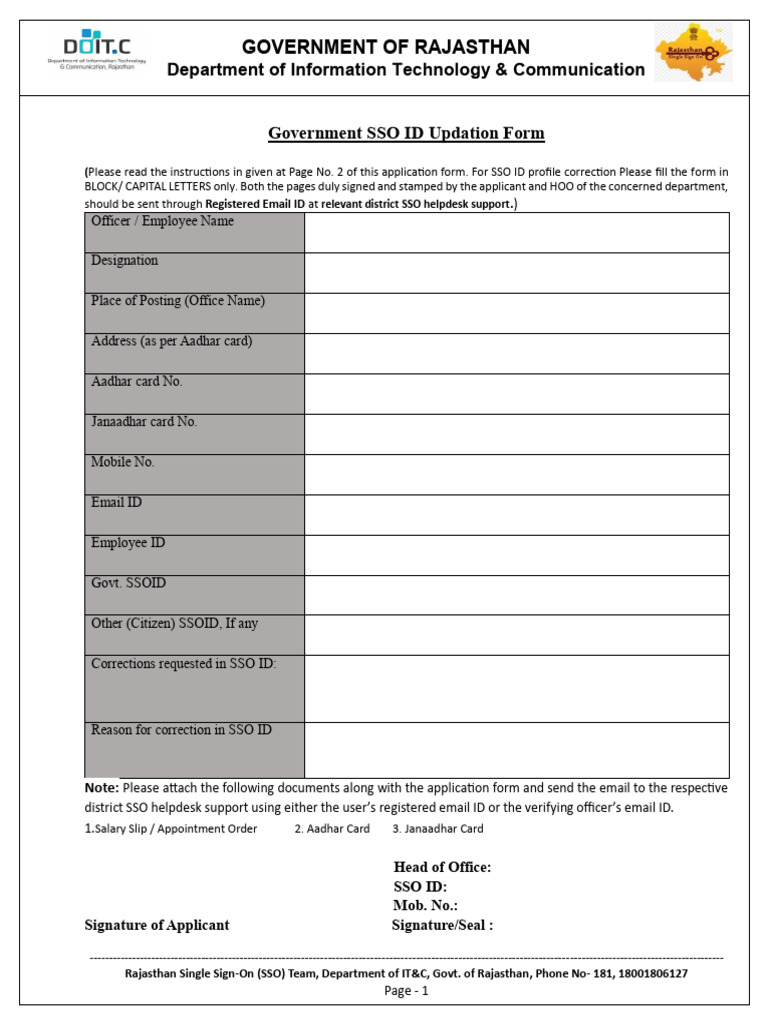 Rajasthan Government SSO ID Update Form | PDF | Password | Security ...
