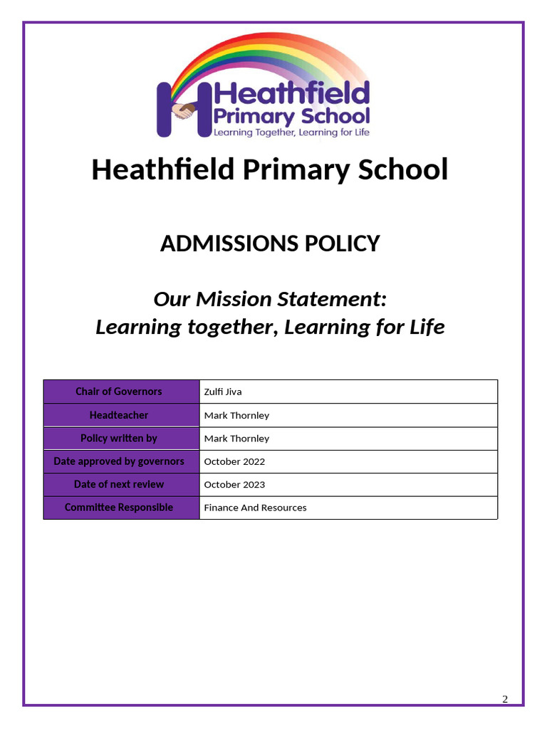 Heathfield Primary School Admissions Policy | PDF | Preschool