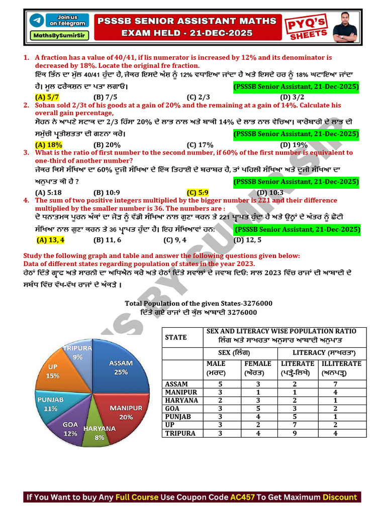 PSSSB Senior Assistant Math PYQ's by Sumir Sir | PDF