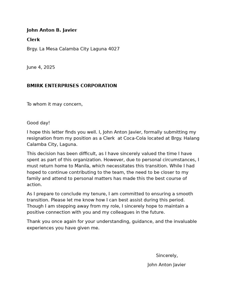 Resignation Letter from Clerk at Coca-Cola | PDF