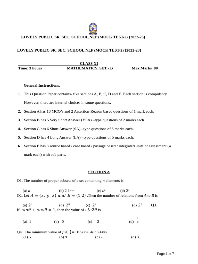 Class XI Mathematics Mock Test 2 | PDF | Ellipse | Geometric Shapes