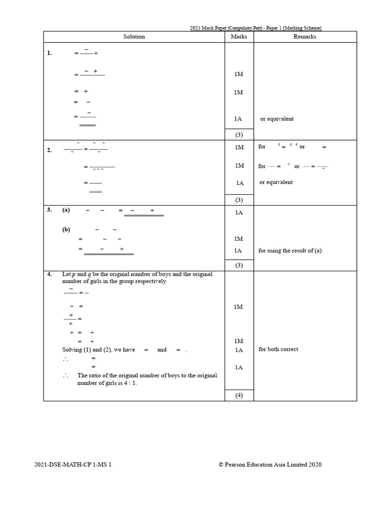 2021 DSE Math Paper 1 Marking Scheme | PDF | Mathematics | Algebra