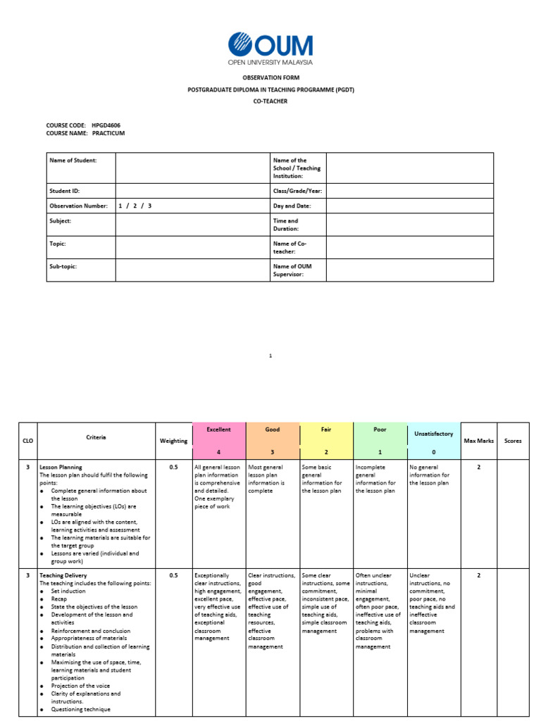 PGDT Practicum Observation Form | PDF | Teachers | Lesson Plan