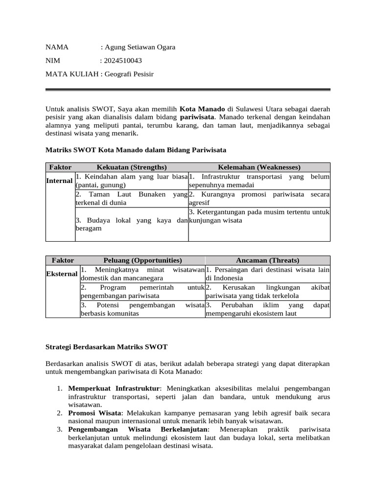 Analisis SWOT Pariwisata Manado | PDF