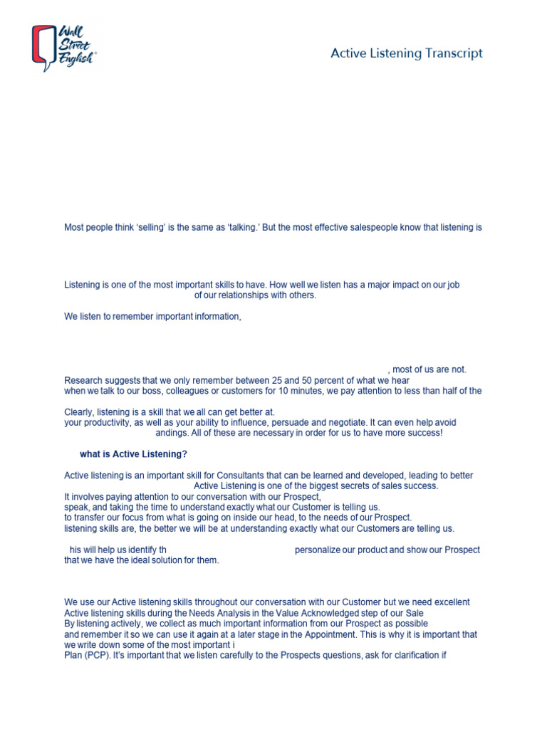 Active Listening Transcript | PDF | Body Language | Sales