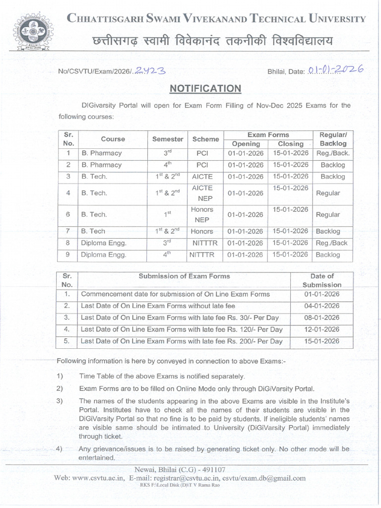Notification - DiGiVarsity Portal Open For Exam Form Filling of Nov-Dec ...