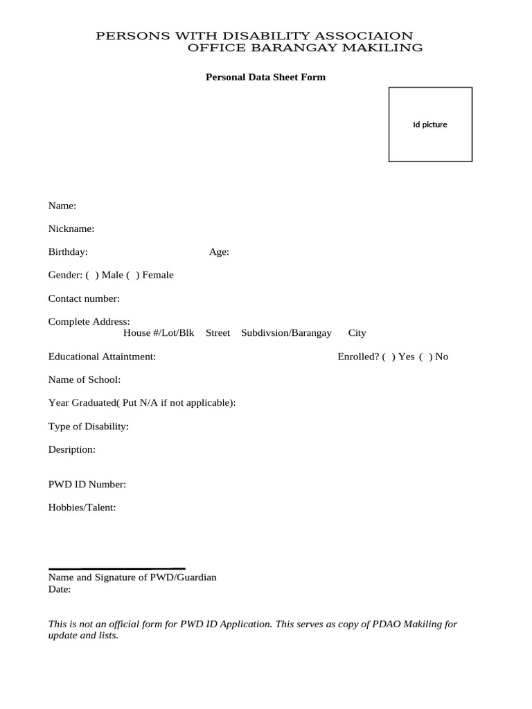 PWD Personal Data Sheet Form | PDF