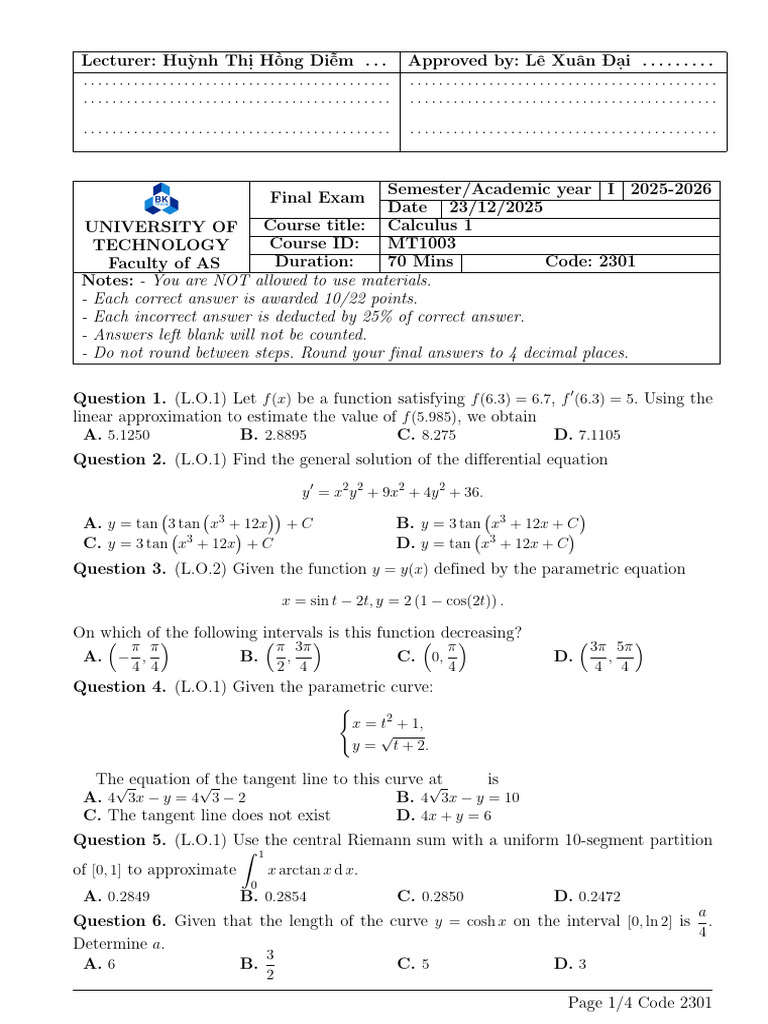 Calculus 1 Final Exam Questions | PDF | Function (Mathematics ...