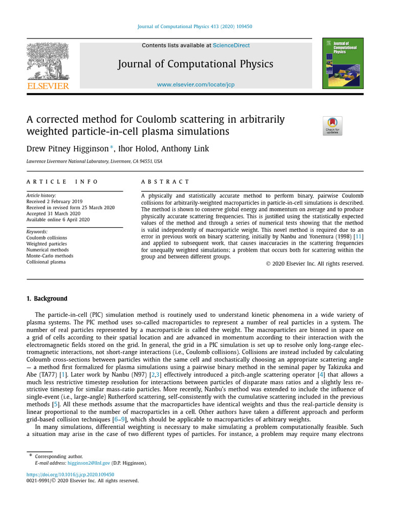 Coulomb Scattering Method for PIC Simulations | PDF | Momentum | Cross ...