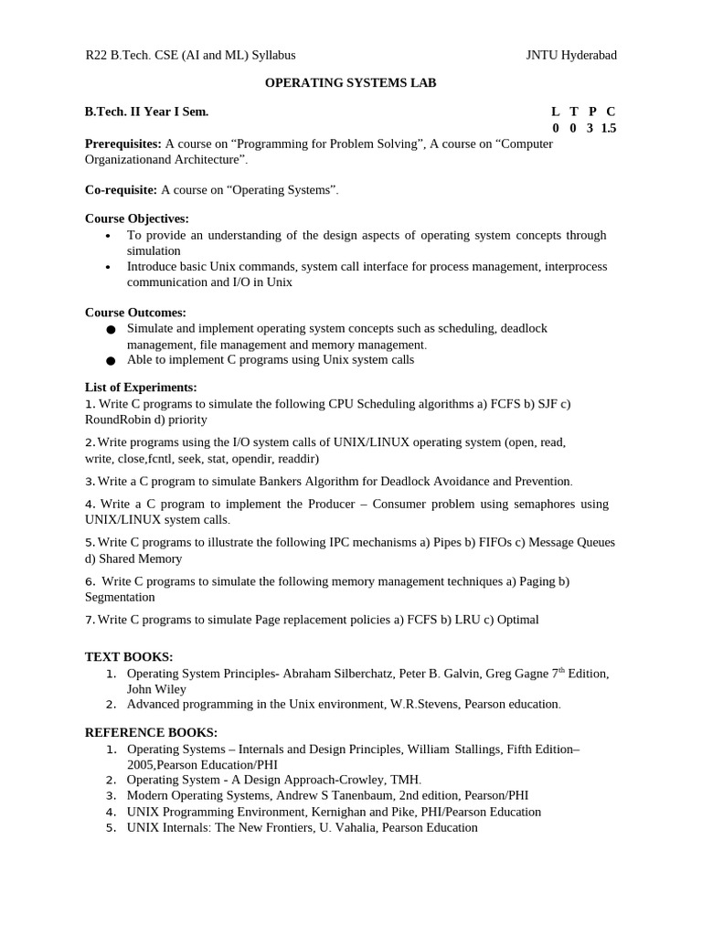 Operating Systems Lab Syllabus for CSE | PDF | Pointer (Computer ...