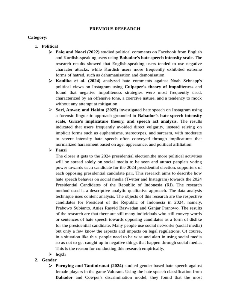 PREVIOUS RESEARCH | PDF | Hatred | Hate Speech