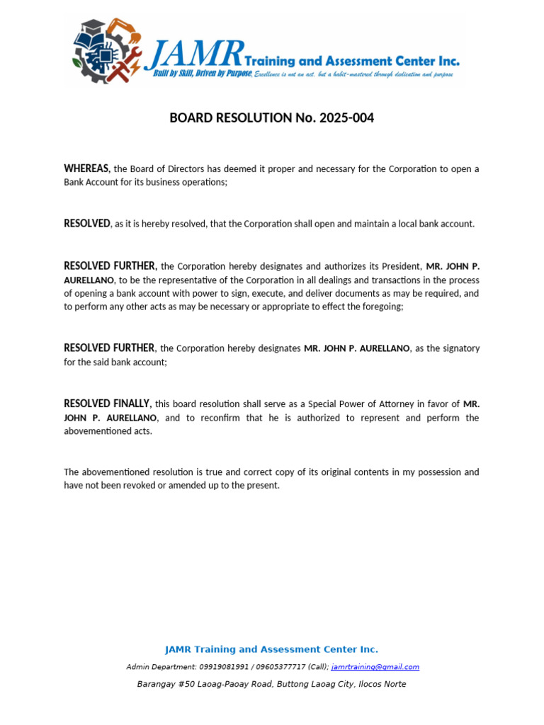 Board Resolution for Bank Account Opening | PDF | Civil Law (Common Law ...