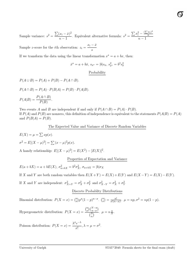 2040 W25 Final Exam Formulas | PDF | Variance | Normal Distribution