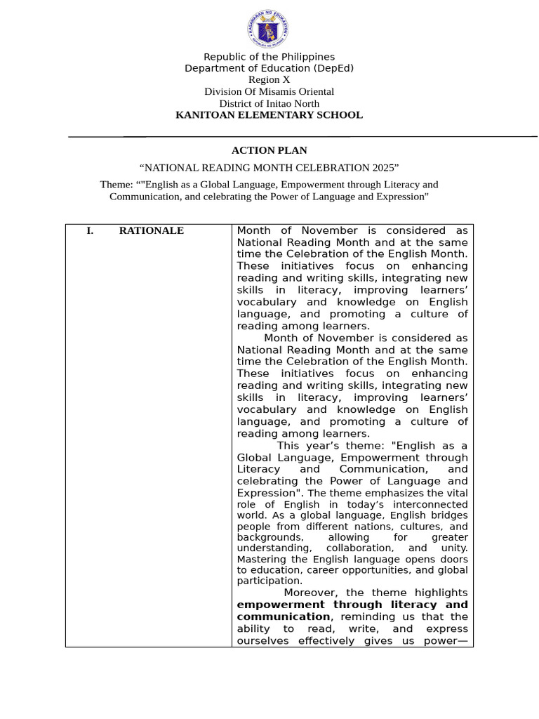 National Reading Month 2025 Action Plan | PDF | Literacy | Learning