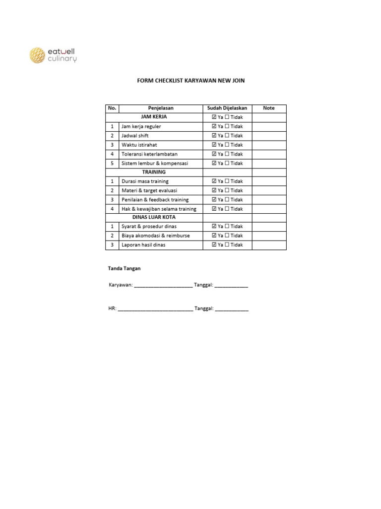 Checklist Karyawan Baru: Jam Kerja & Training | PDF