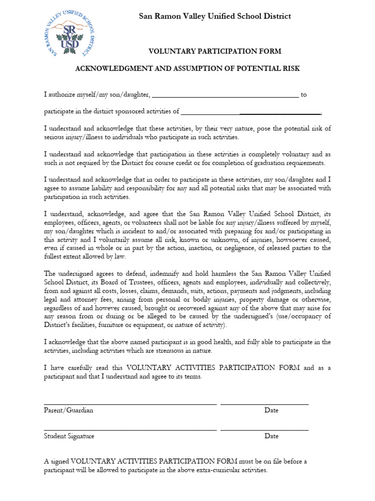 San Ramon Valley Activity Participation Form | PDF | Indemnity | Legal ...