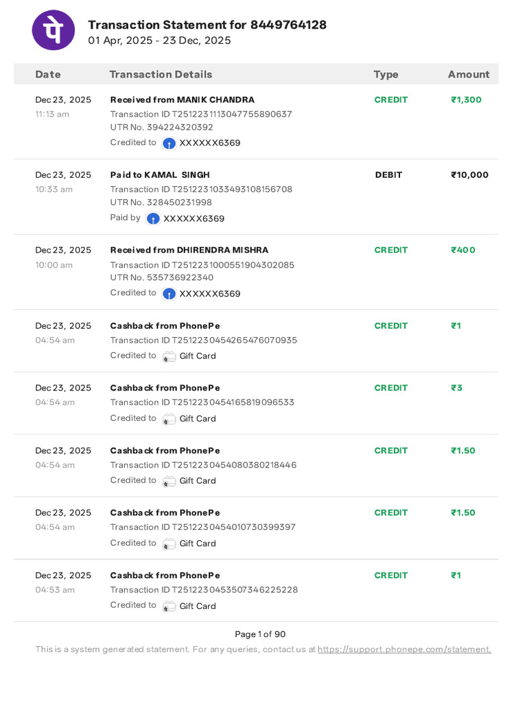 Transaction Statement for 8449764128 | PDF | Credit Card | Debit Card