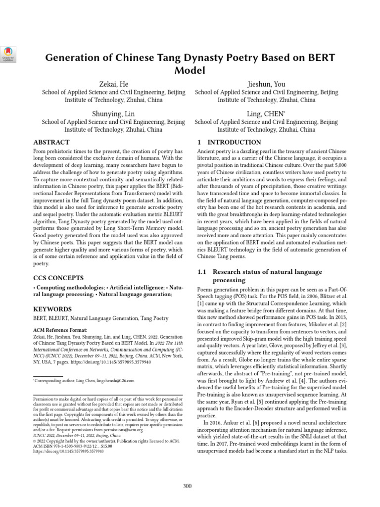 BERT-Based Generation of Tang Poetry | PDF | Poetry | Machine Learning