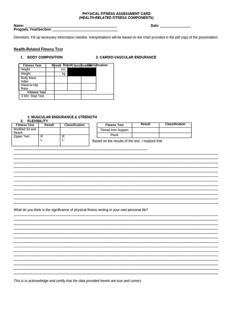 Health Related Fitness Assessment Card 1 | PDF