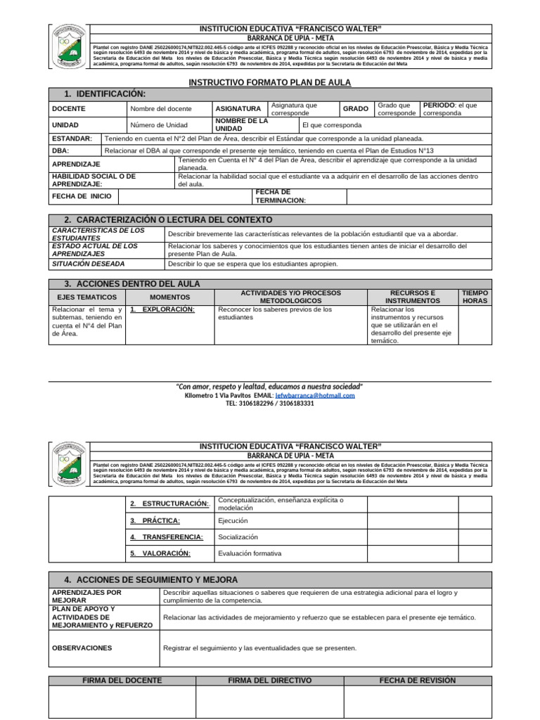 Plan de Aula Institución Francisco Walter | PDF | Educación de la ...